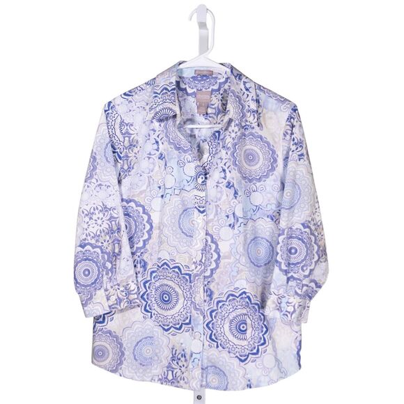 Chico's Women's Shirt Button Up Multicolor Geometric 3/4 Sleeve Blouse Top 1 M/8 - Picture 1 of 7